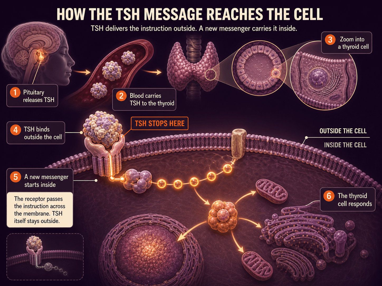 How a TSH instruction reaches the thyroid-cell surface and is relayed inside the cell
