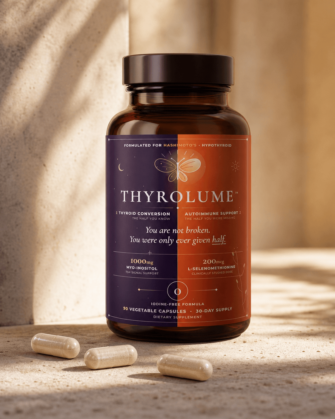 Thyrolume bottle with three capsules on a warm natural stone surface